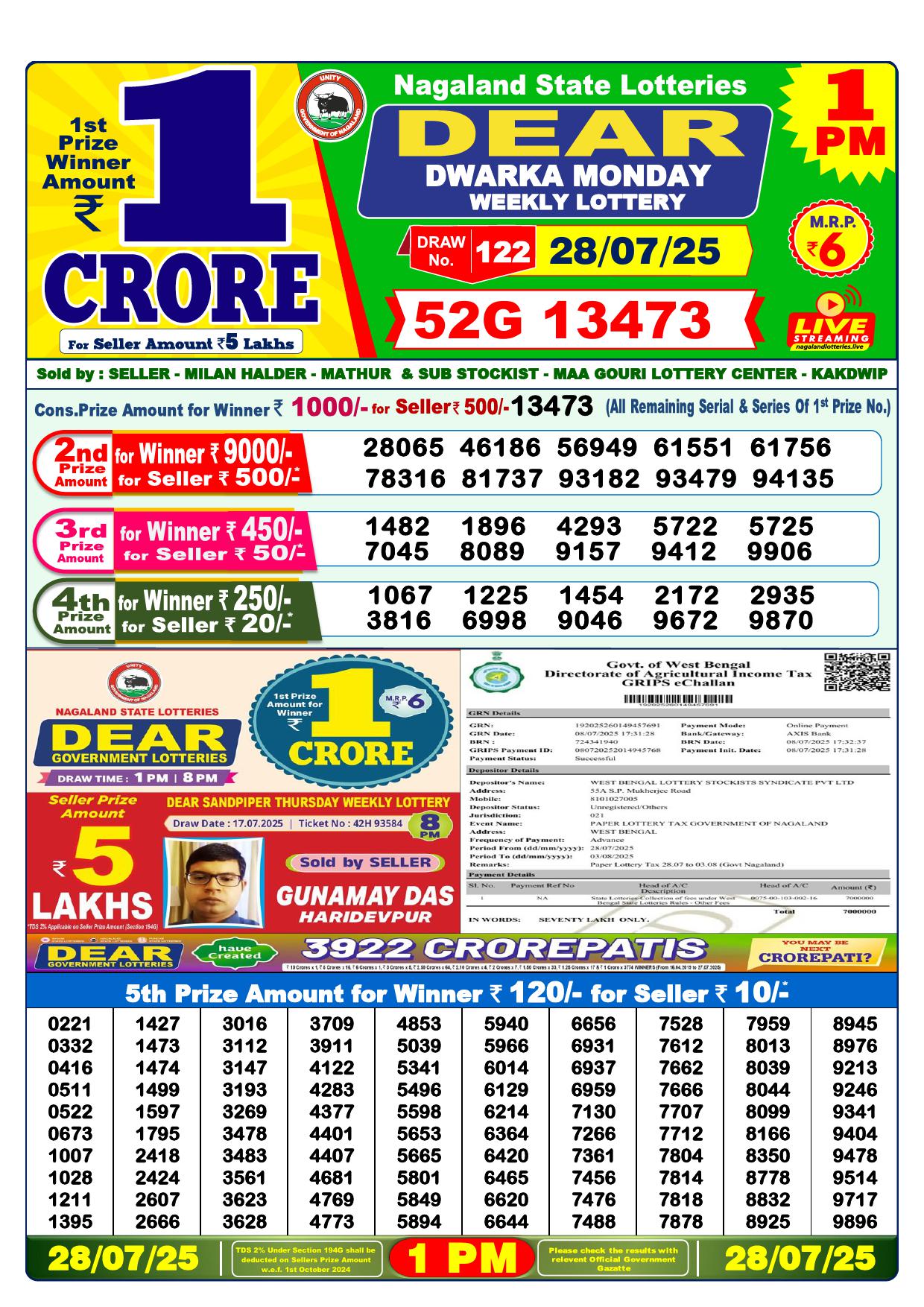 Dear Lottery Result Today 1 PM 6 PM 8 PM(29-7-2025)
