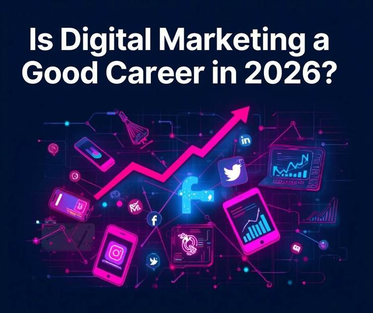 Illustration showing digital marketing career growth in 2026 with social media icons, analytics dashboards, and an upward trend arrow representing career opportunities.